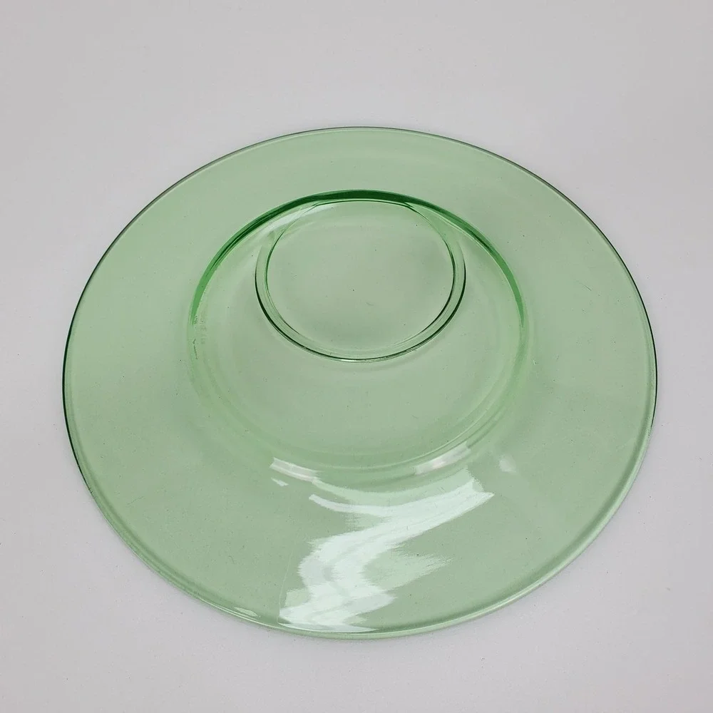 Vintage Green Uranium Glass Snack Plate 9 inch Round Cup Holder Depression Glass